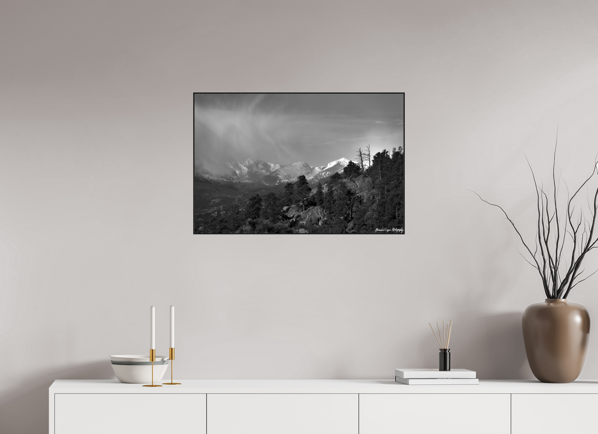 30 x 20″, Artbox Black, AG, Glossy, BW Spring Clouds Across Estes Valley