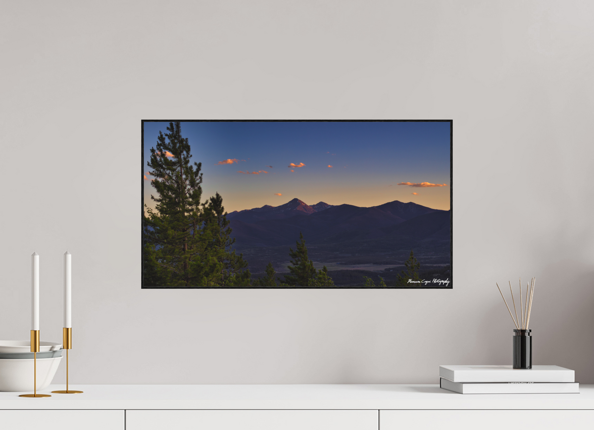 22.3 x 12″, Matte Acrylic Glass in ArtBox Wood Frame (Black Oak) Byers Peak from Strawberry Recreation Area, Sunset