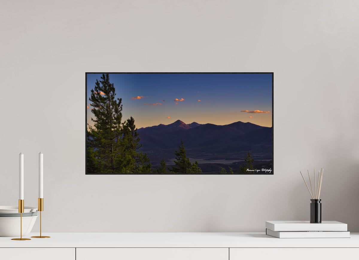22.3 x 12″, Glossy Acrylic Glass in ArtBox Wood Frame (Black Oak) Byers Peak from Strawberry Recreation Area, Sunset
