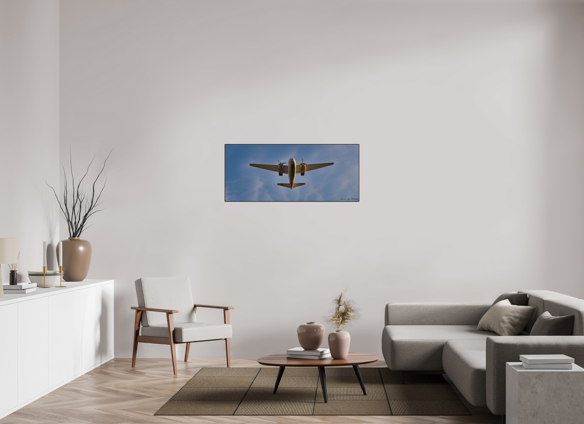 47.1 x 20″, Matte Acrylic Glass in ArtBox Wood Frame (Black Oak) Twin Engine Aircraft Takes Off from Centennial Airport