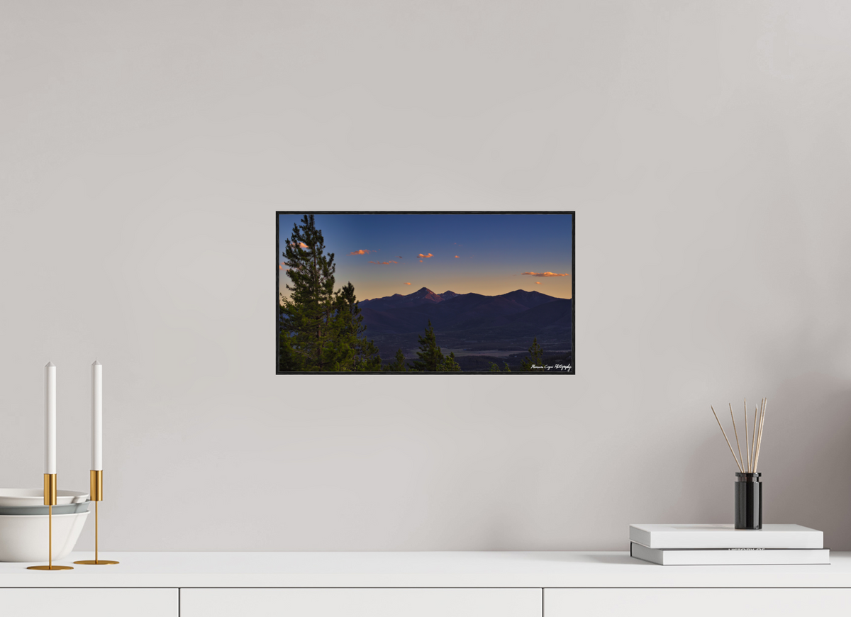14.9 x 8″, Glossy Acrylic Glass in ArtBox Wood Frame (Black Oak) Byers Peak from Strawberry Recreation Area, Sunset