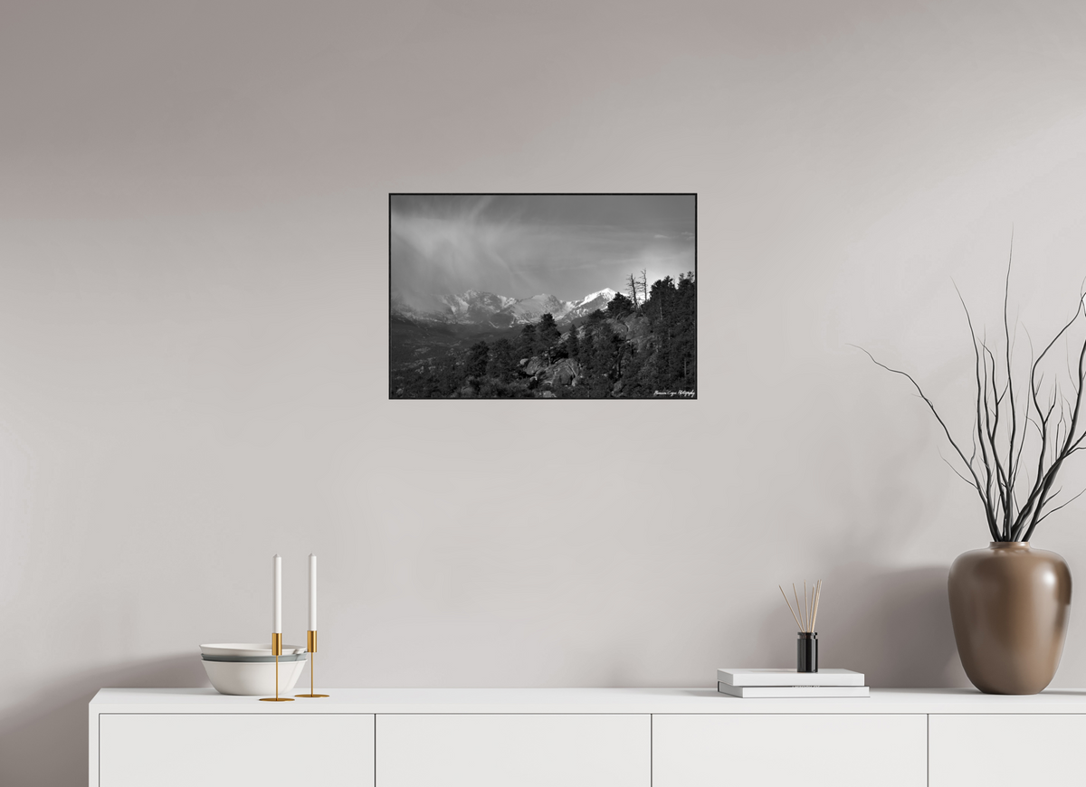 24 x 16″, Artbox Black, AG, Glossy, BW Spring Clouds Across Estes Valley