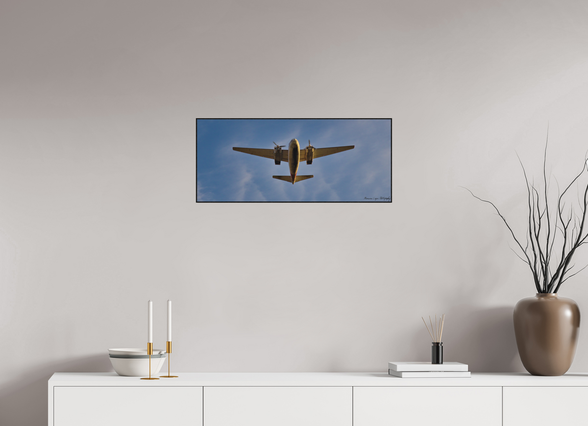 28.3 x 12″, Matte Acrylic Glass in ArtBox Wood Frame (Black Oak) Twin Engine Aircraft Takes Off from Centennial Airport