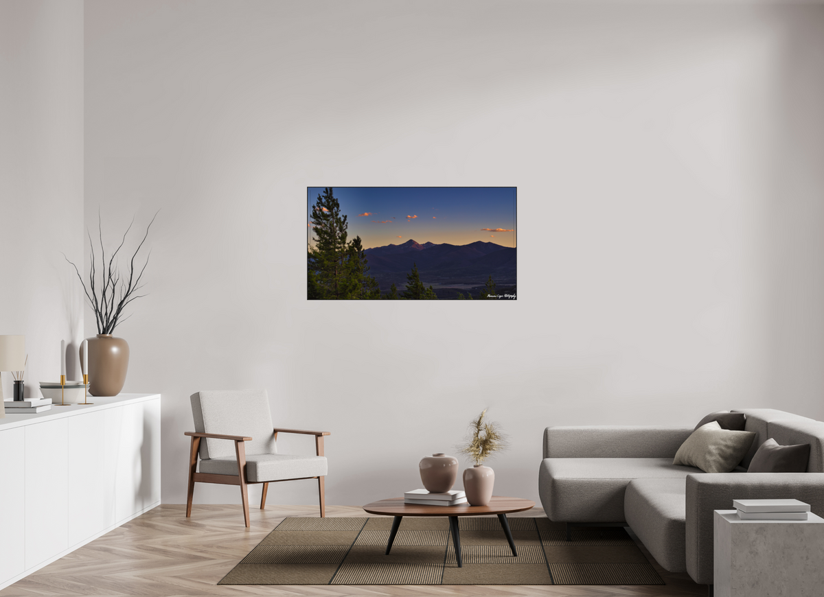 52.1 x 28″, Glossy Acrylic Glass in ArtBox Wood Frame (Black Oak) Byers Peak from Strawberry Recreation Area, Sunset