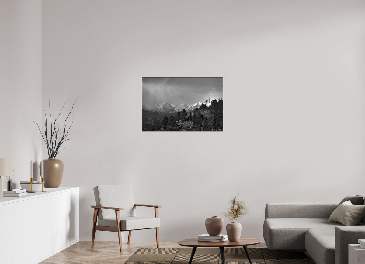 36 x 24″, Artbox Black, AG, Glossy, BW Spring Clouds Across Estes Valley
