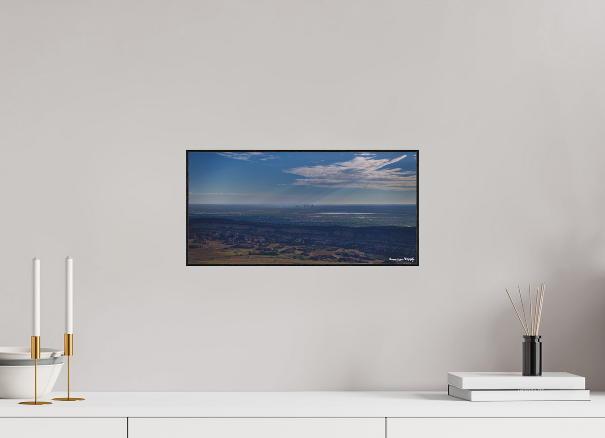 16.3 x 8″, Matte Acrylic Glass in ArtBox Wood Frame (Black Oak) Denver from Beyond the Dakota Hogback