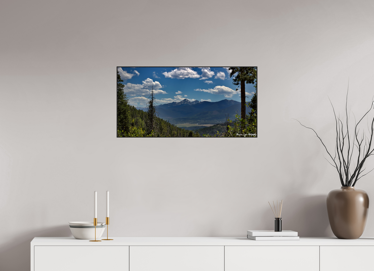 31.9 x 16″, Glossy Acrylic Glass in ArtBox Wood Frame (Black Oak) Byers Peak from Strawberry Recreation Area, Noon