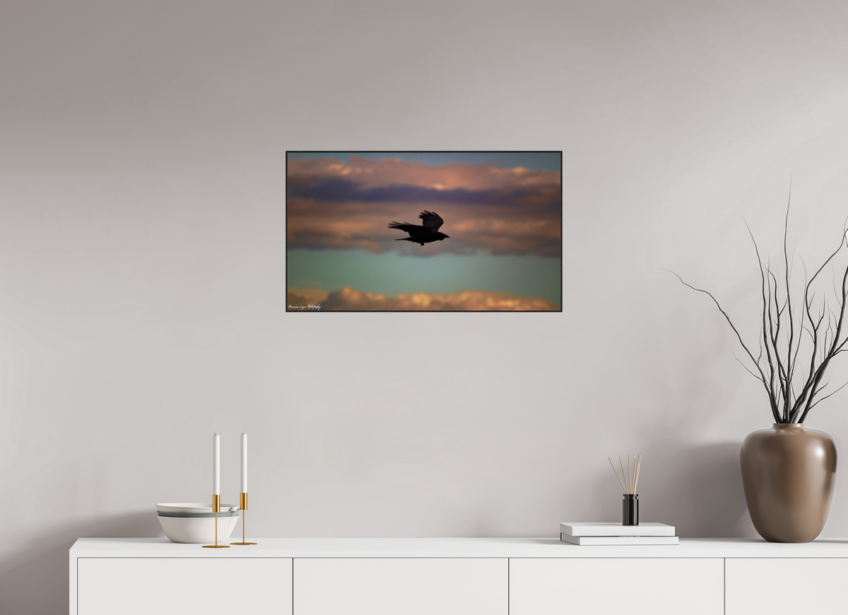 27.6 x 16″, Glossy Acrylic Glass in ArtBox Wood Frame (Black Oak) Crow at Chatfield State Park, Sunrise