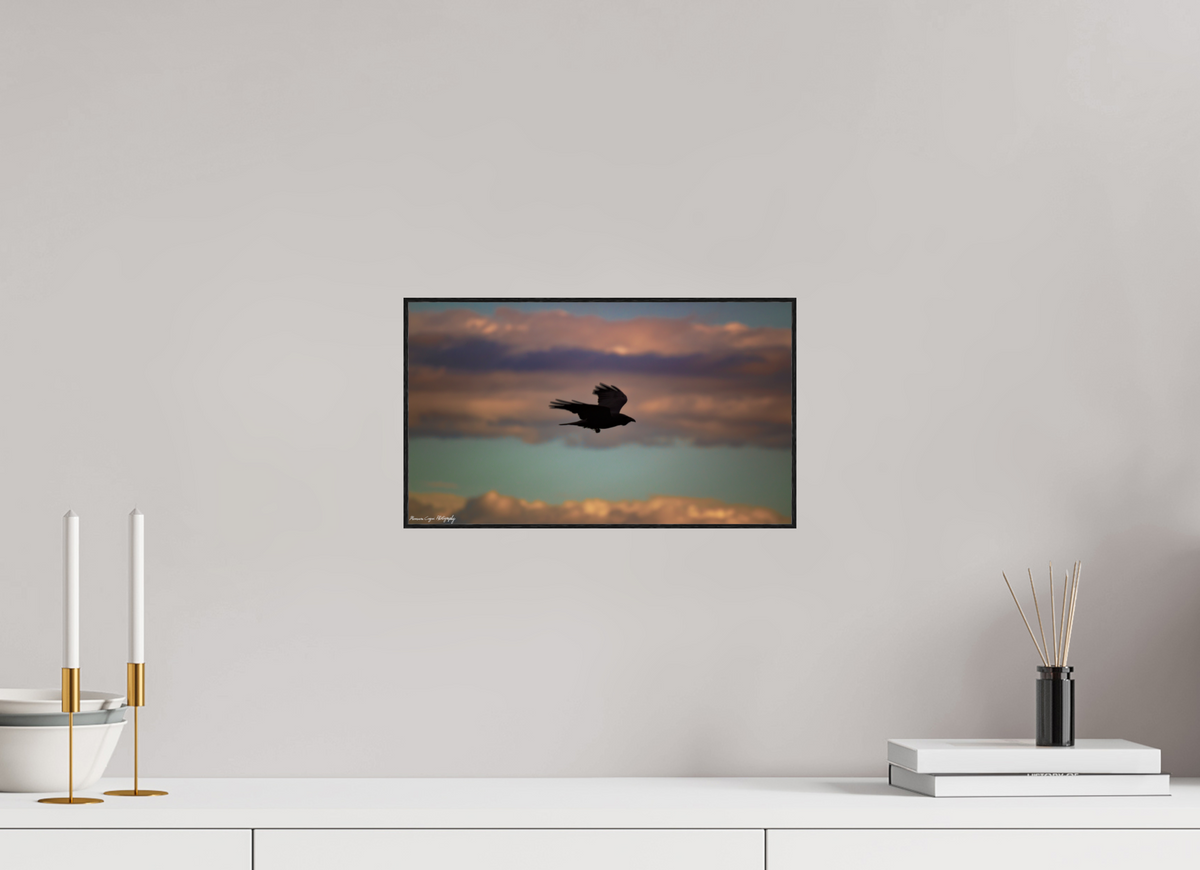 13.8 x 8″, Glossy Acrylic Glass in ArtBox Wood Frame (Black Oak) Crow at Chatfield State Park, Sunrise